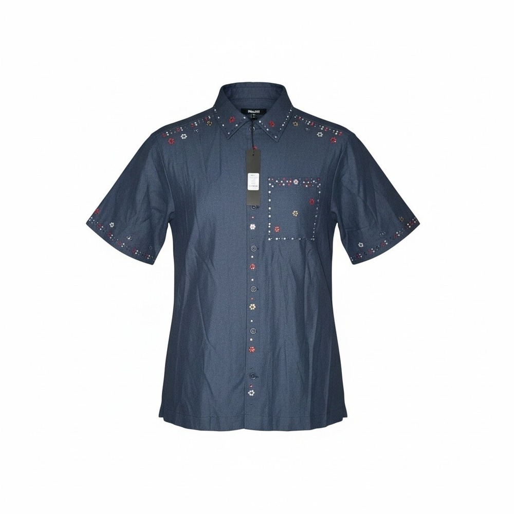NOVAMEN Midnight Blossom Navy Rhinestone Button Up Shirt FNM6126 Mens L‎ NWT